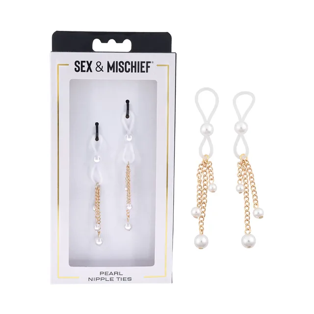 pair of clear Sex & Mischief ties with gold chains and white pearls