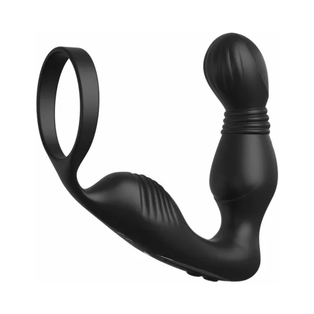 Side view of black Ass-Gasm Pro with curved tip and ring