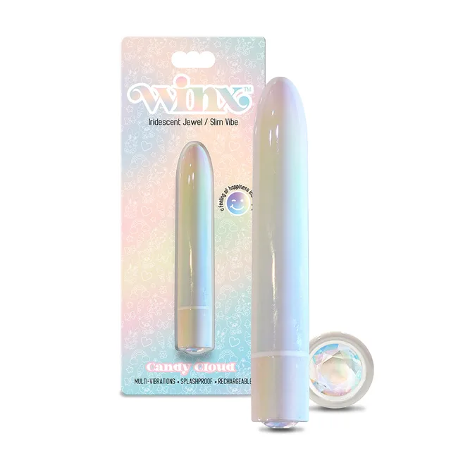 Iridescent WINX Candy Cloud slim vibrator and jewel base beside pastel box