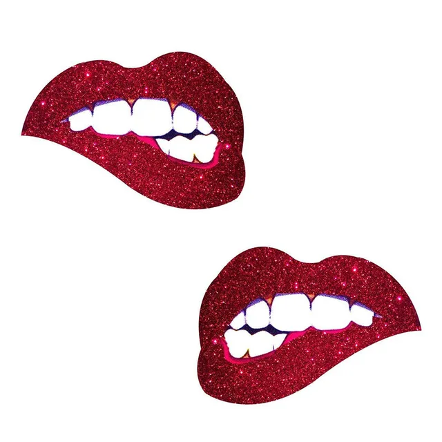 Pair of red glitter Neva Nude lip pasties with white teeth cutouts