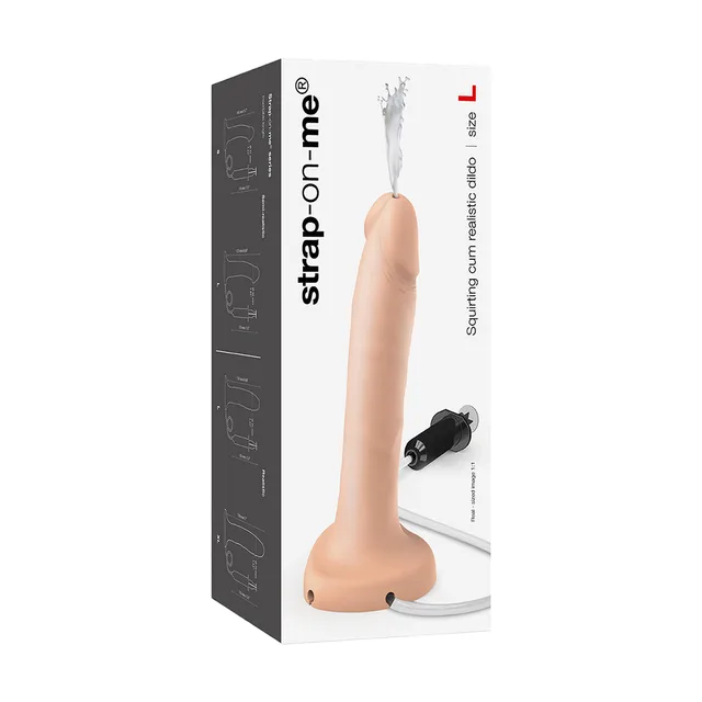 Strap-On-Me large vanilla realistic dildo with pump beside tall white retail box