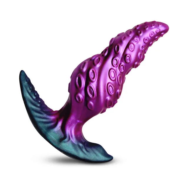 XR Brands Creature Cocks Octo-Twist silicone anal plug upright plug with curved shaft and blue-green flared base