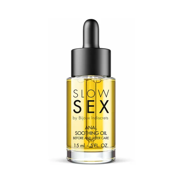 Slow Sex Anal Soothing Oil 0.5 oz front view of amber bottle