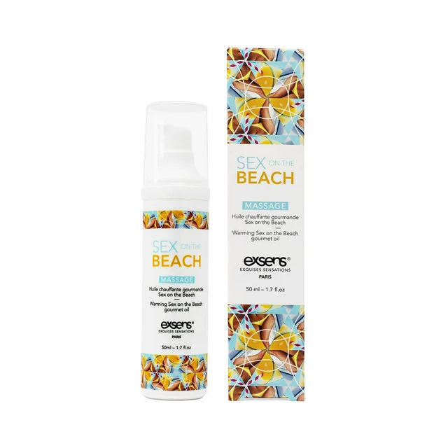 white Exsens Sex on the Beach pump bottle beside orange patterned carton