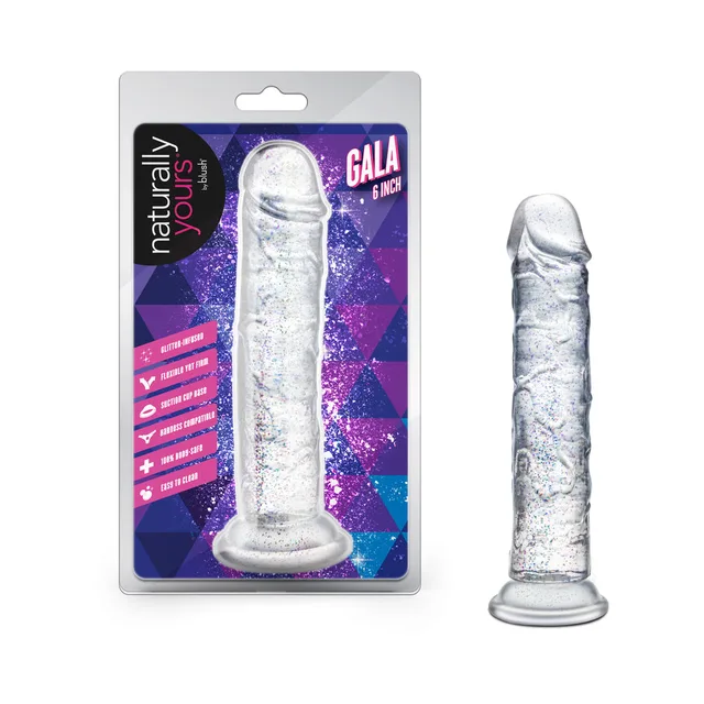 Naturally Yours Gala clear glitter dildo beside retail pack