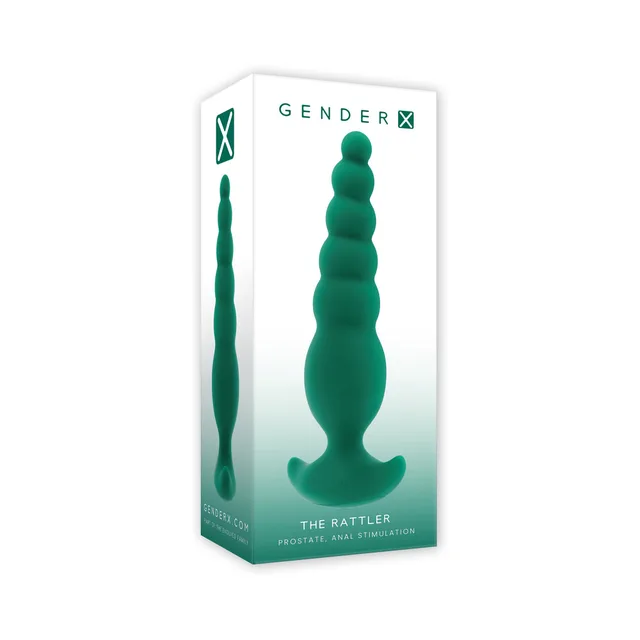 Gender X The Rattler green beaded plug beside white box