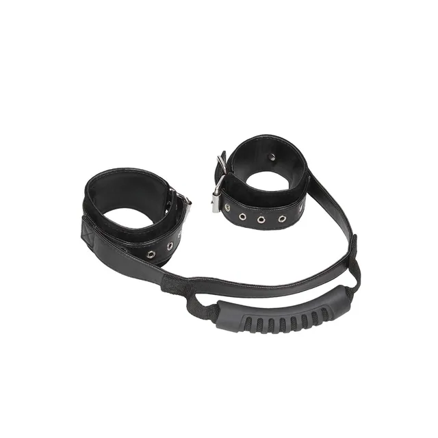 Black buckle wrist cuffs connected by ribbed center handle