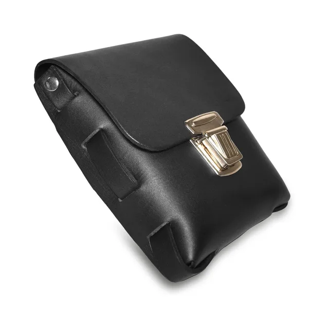 Closed black Prowler RED leather pouch with fold-over flap and metal clasp