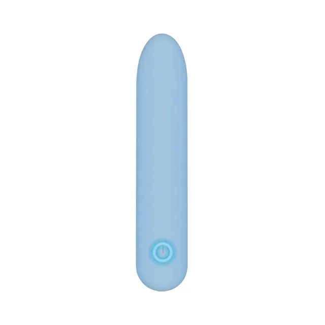 Adam & Eve Silky Sensations blue rechargeable bullet straight front view with round control button