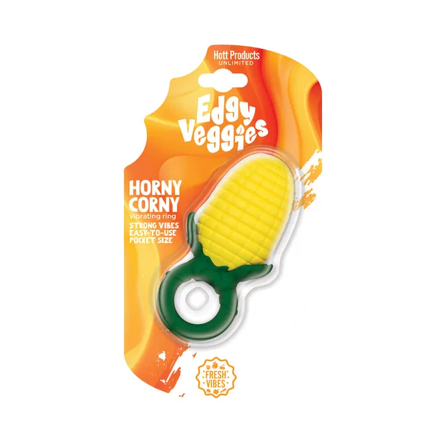 Yellow Edgy Veggies Horny Corny ring on orange retail card