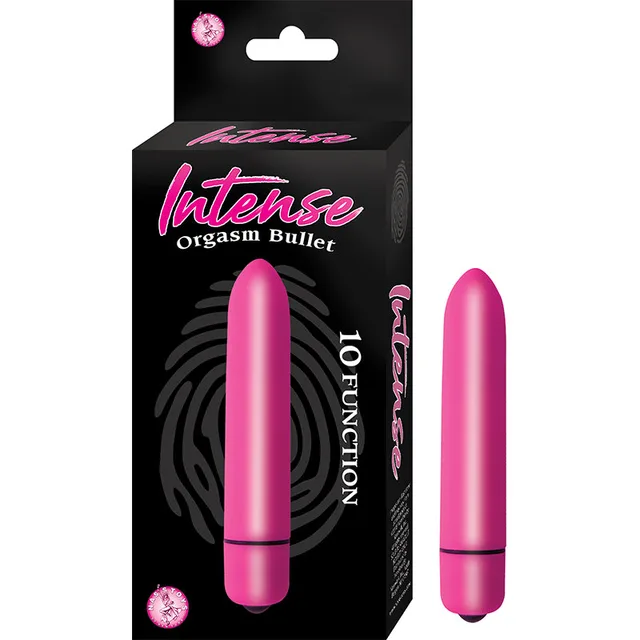 Pink Nasstoys Intense 10-function bullet vibrator beside black carton