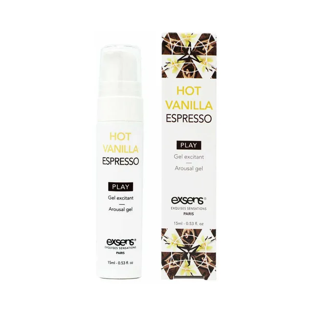 white pump bottle of Exsens Vanilla Espresso gel beside dark patterned carton