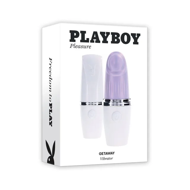 Playboy Getaway white opal tapping vibrator pictured on retail box