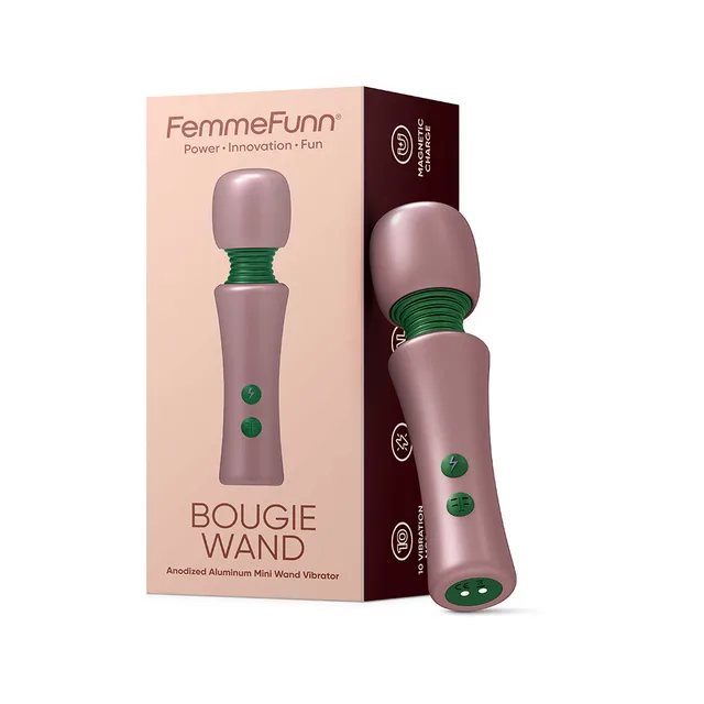 rose gold FemmeFunn Bougie mini wand beside matching retail box