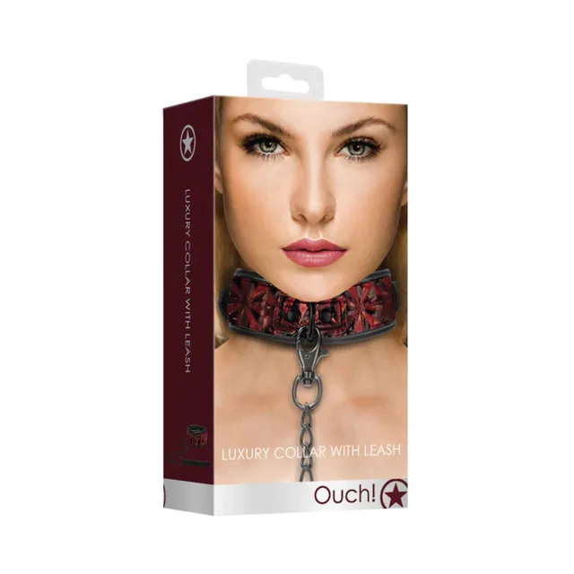 Burgundy Ouch diamond-pattern collar and leash retail box