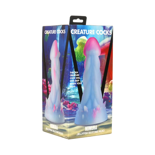 Creature Cocks Nomura Jellyfish periwinkle-and-pink dildo upright in colorful underwater retail box