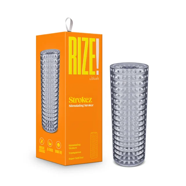 Blush RIZE Strokez clear textured stroker clear textured sleeve beside orange retail box