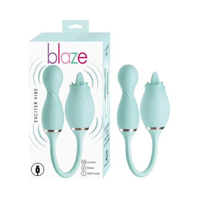 aqua Blaze Exciter dual-arm vibrator beside matching white retail box