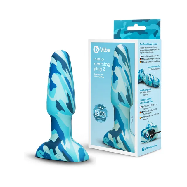 Blue camo b-Vibe Rimming 2 beside matching retail box
