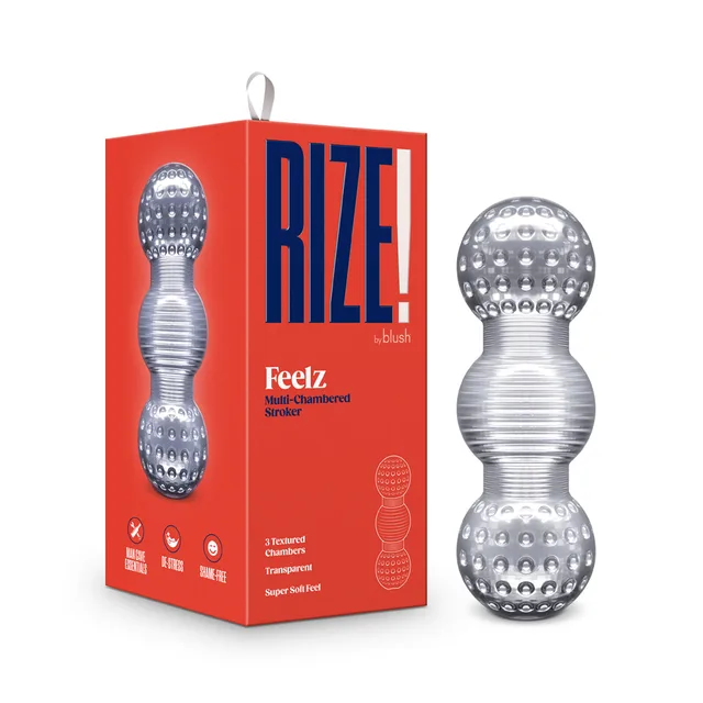Blush RIZE Feelz clear multi-chambered stroker beside red retail box