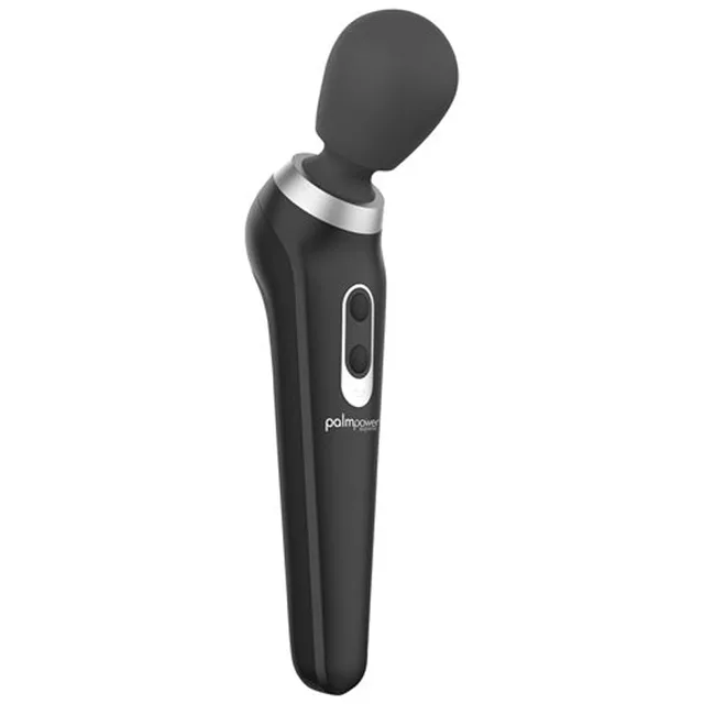 BMS Palm Power Extreme black wand upright view with oval head, silver neck ring and two front buttons