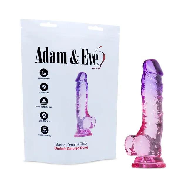 Adam & Eve Sunset Dreams 7.5-inch dildo beside white bag packaging