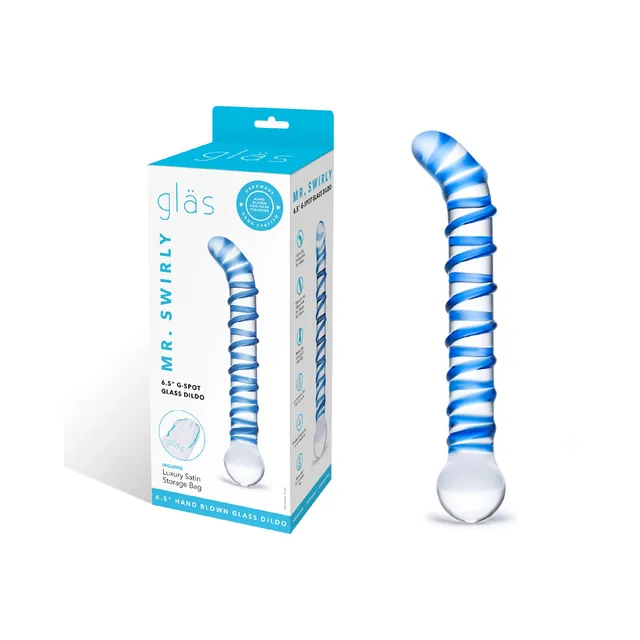 Glas Mr. Swirly glass dildo beside turquoise retail box with blue spiral shaft visible