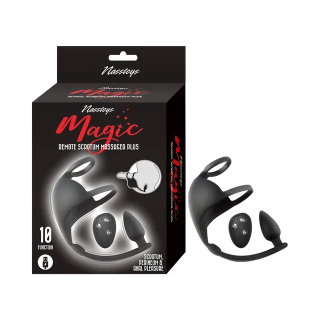 Black Nasstoys Magic loop massager plug and round remote beside retail box