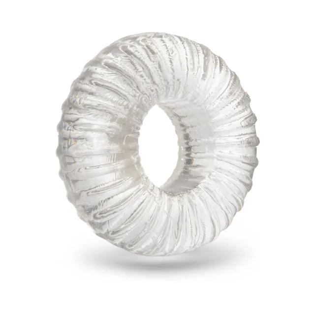 b-Vibe Stretch-Tech Swirl clear C-ring isolated view showing dense ripple texture