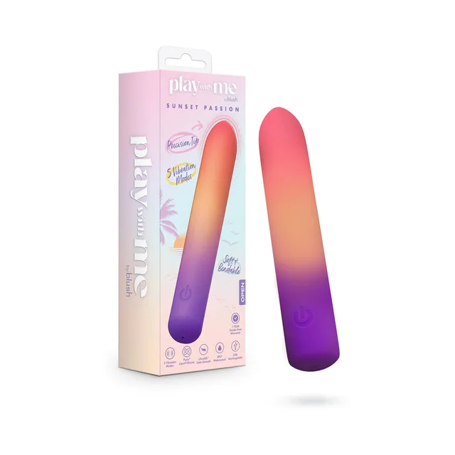 Orange-to-purple Sunset Passion bullet beside pink box