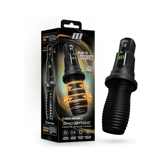 black M for Men 3rd Base rotating stroker beside tall retail box