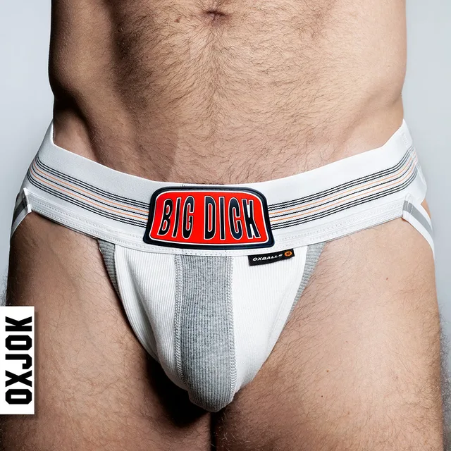 close-up of white Oxballs Oxjok Bulger jockstrap with gray pouch panels and striped waistband