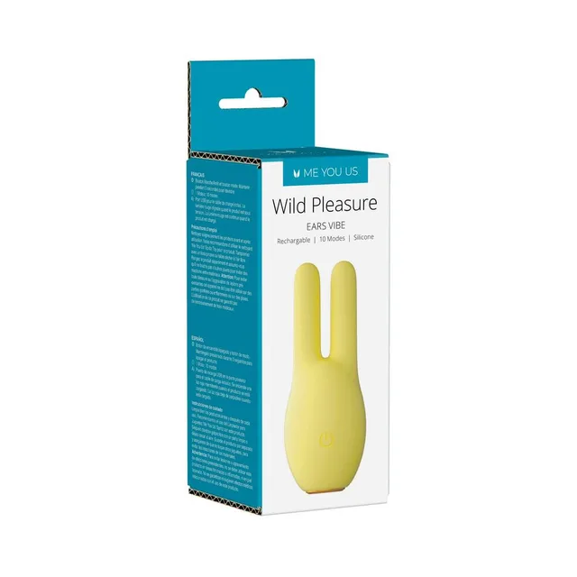 yellow Me You Us Wild Pleasure vibrator with two long ears and front power button on box