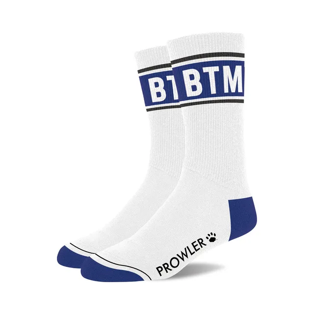 Prowler BTM white cotton crew socks pair with blue BTM cuff panels blue heels and blue toes