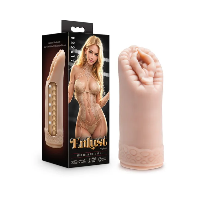 beige EnLust Alyssa textured stroker with circular opening beside retail box