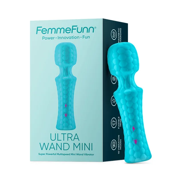 Turquoise FemmeFunn Ultra Wand Mini beside retail box