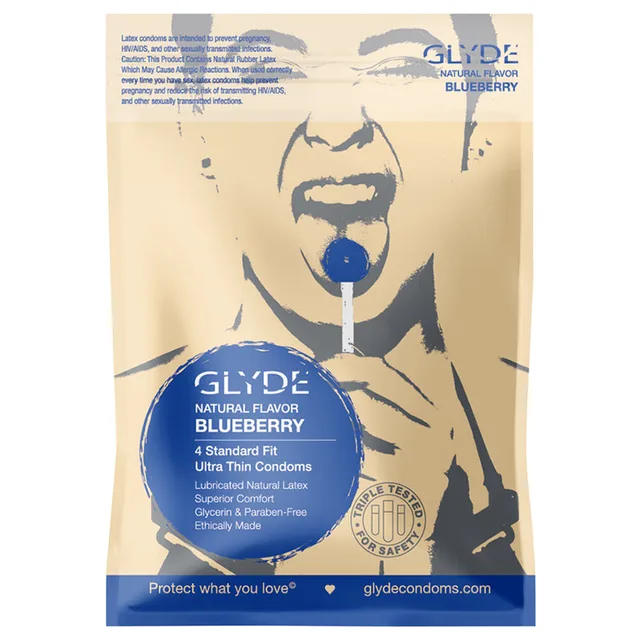 cream and blue Glyde Ultra Blueberry four-pack condom pouch
