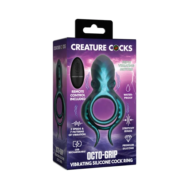 Creature Cocks Octo-Grip teal vibrating ring in illustrated retail packaging