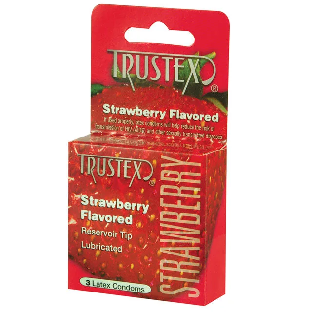 Trustex Strawberry Flavored three-pack of condoms in red box