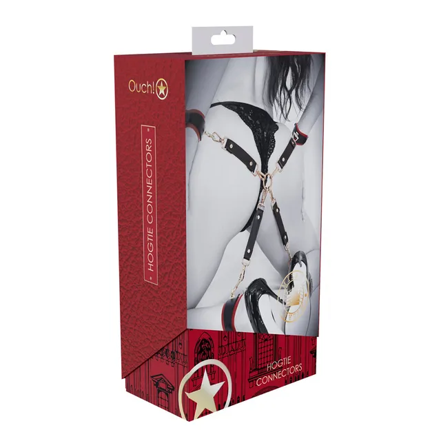 black Milan Collection four-way hogtie connectors with gold hardware on box