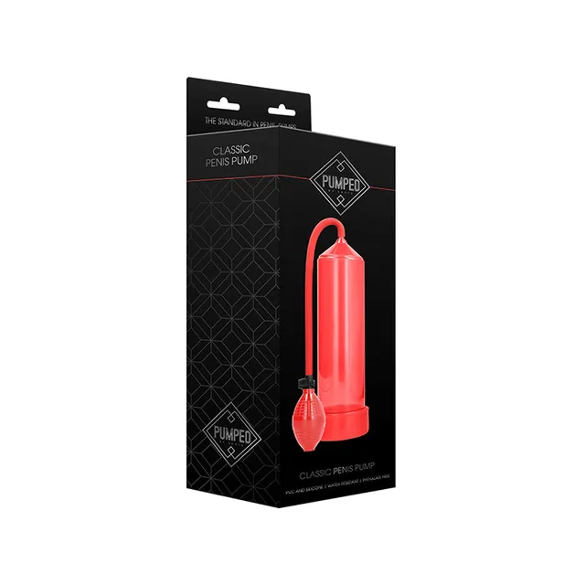 Shots Pumped Classic Red Penis Pump in tall black carton