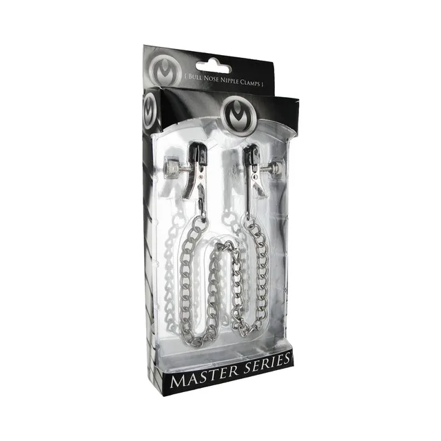 pair of silver Master Series Ox bullnose nipple clamps with connecting chain