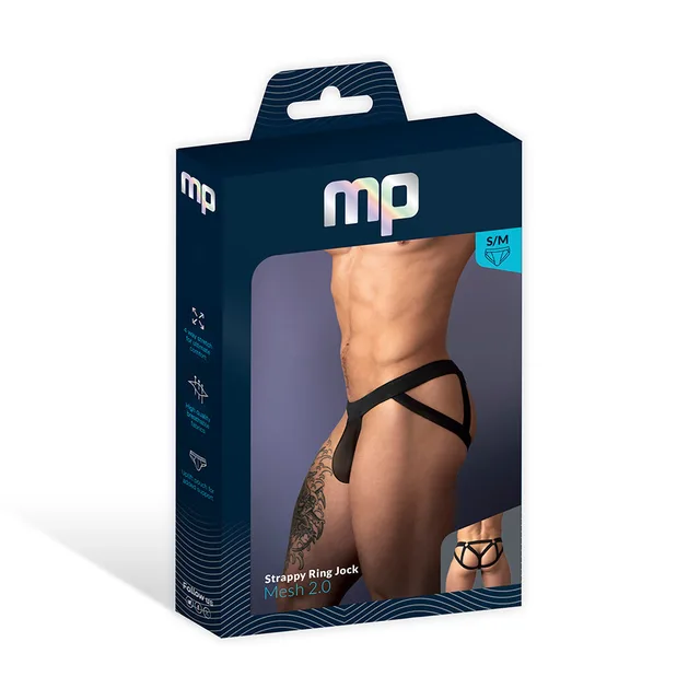 Male Power Mesh 2.0 Strappy Ring Jock in black size L/XL displayed in a navy window retail box