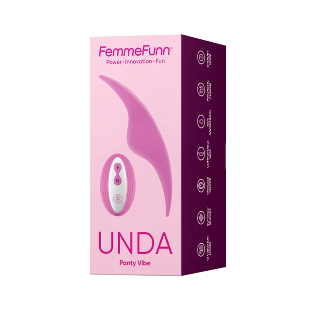pink FemmeFunn Unda curved panty vibrator displayed on pink retail box