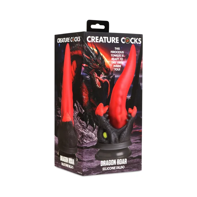 Creature Cocks Dragon Roar red tongue dildo with black dragon-head base beside illustrated retail box