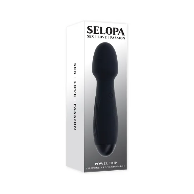 Selopa Power Trip black vibrating wand displayed in white window box