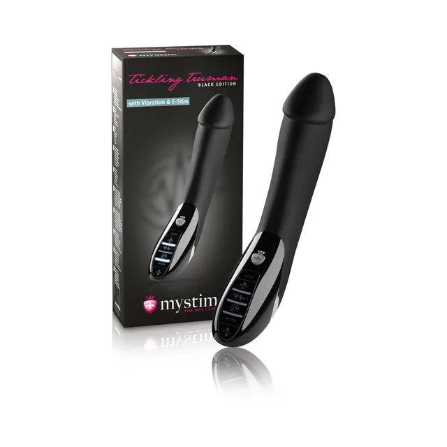 black Mystim Tickling Truman vibrator with smooth curved shaft beside its retail box