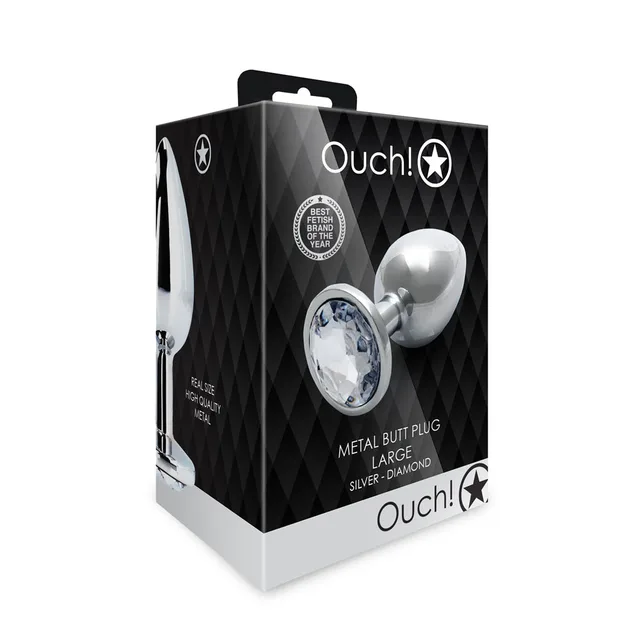 Shots Ouch large silver metal butt plug with round clear gem angled front retail package