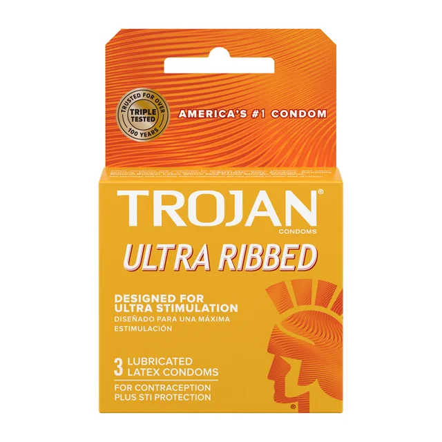 Trojan Ultra Ribbed lubricated latex condoms orange three-pack box