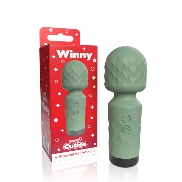 sage green Screaming O Cuties Winny mini wand beside red retail box